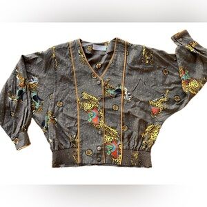 Vintage 80s Leopard Blouse Size 1X Tiger Gold Buttons Dolman Sleeve Maximalist